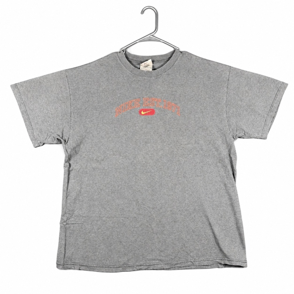 Vintage Nike T Shirt Mens Large Gray Est 1971 Swoosh Logo Made in USA Cotton
